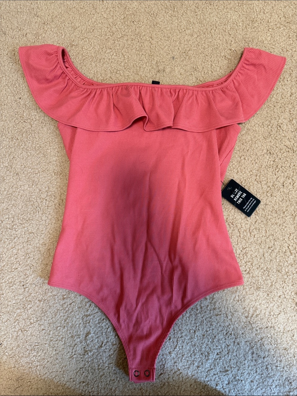 NWT - XS Express Pink Off-Shoulder Ruffle Ribbed Bodysuit